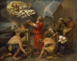 Castiglione (toegeschr.), ca. 1640, Noachs offer, 97,8x122,6cm El Paso Museum. De regenboog op de achtergrond is een teken van God waarmee Hij zijn verbond met de mens onderstreept.